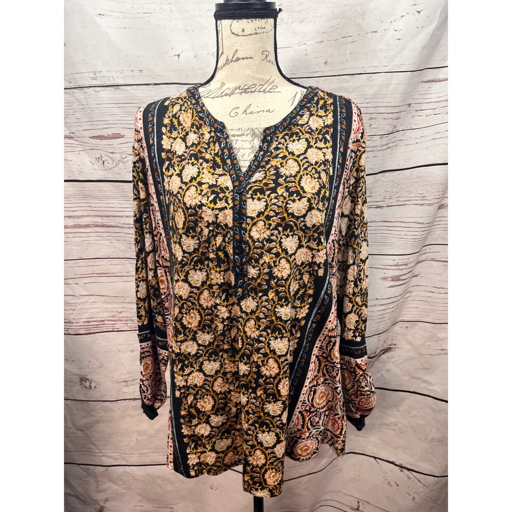 Style & Co Womens Floral Paisley Long Sleeve Tunic Top Black Orange Large